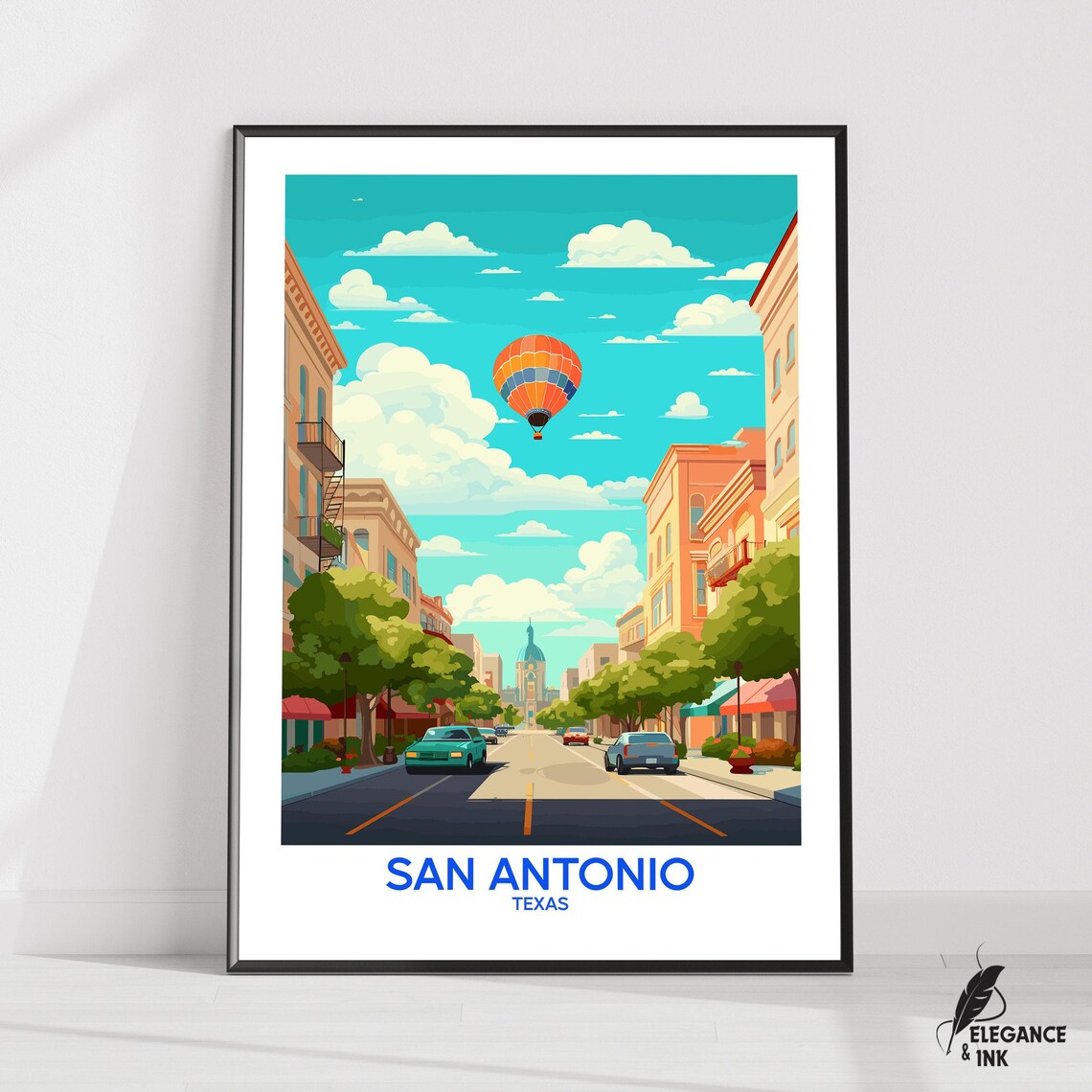 San Antonio Texas Poster With Hot Air Balloon Over The City Street