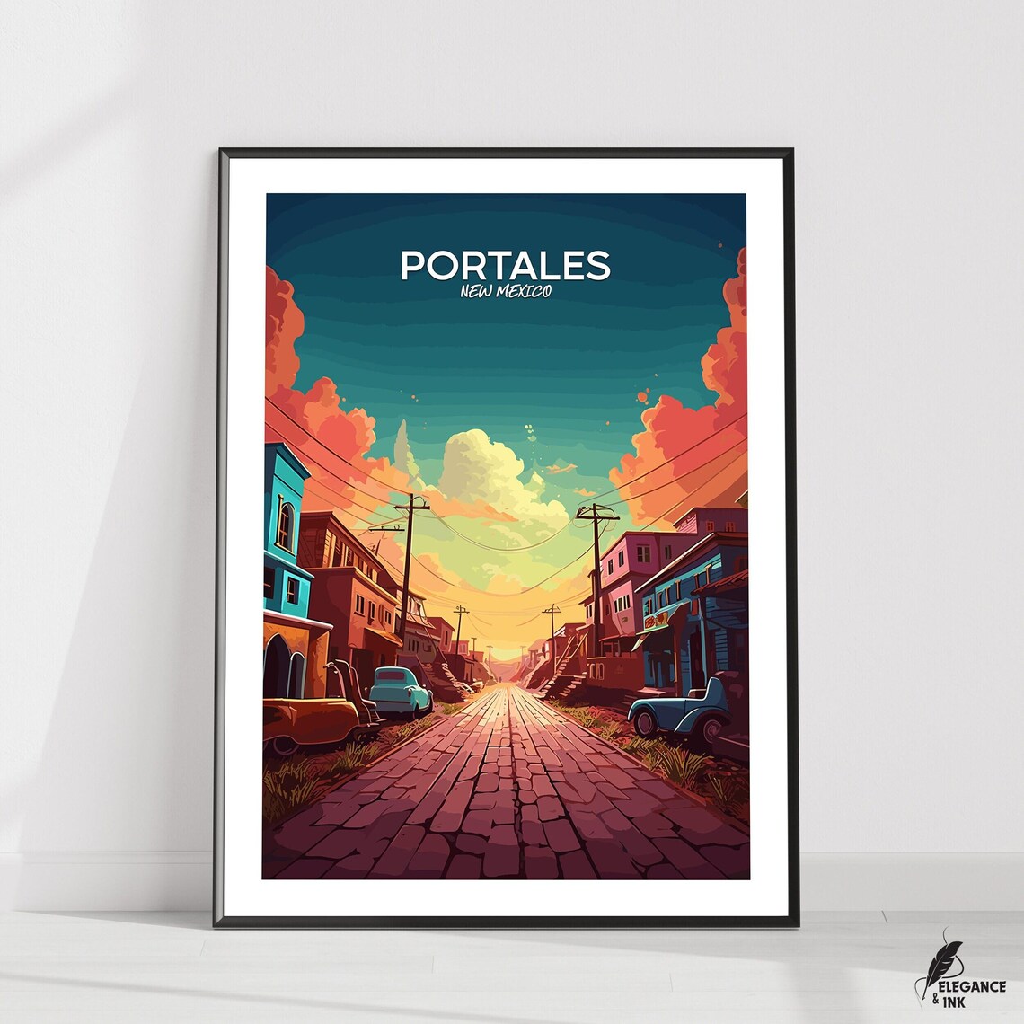 Portales New Mexico Sunset Cobblestone Street Travel Art Poster