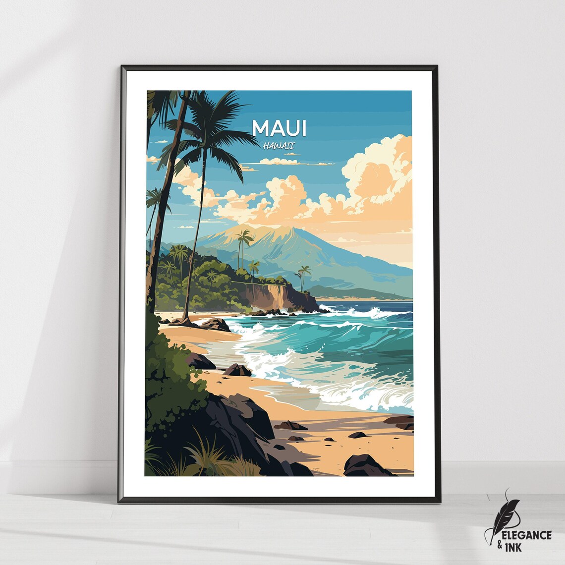 Maui Hawaii Beach Palm Trees Mountain Seascape Travel Poster