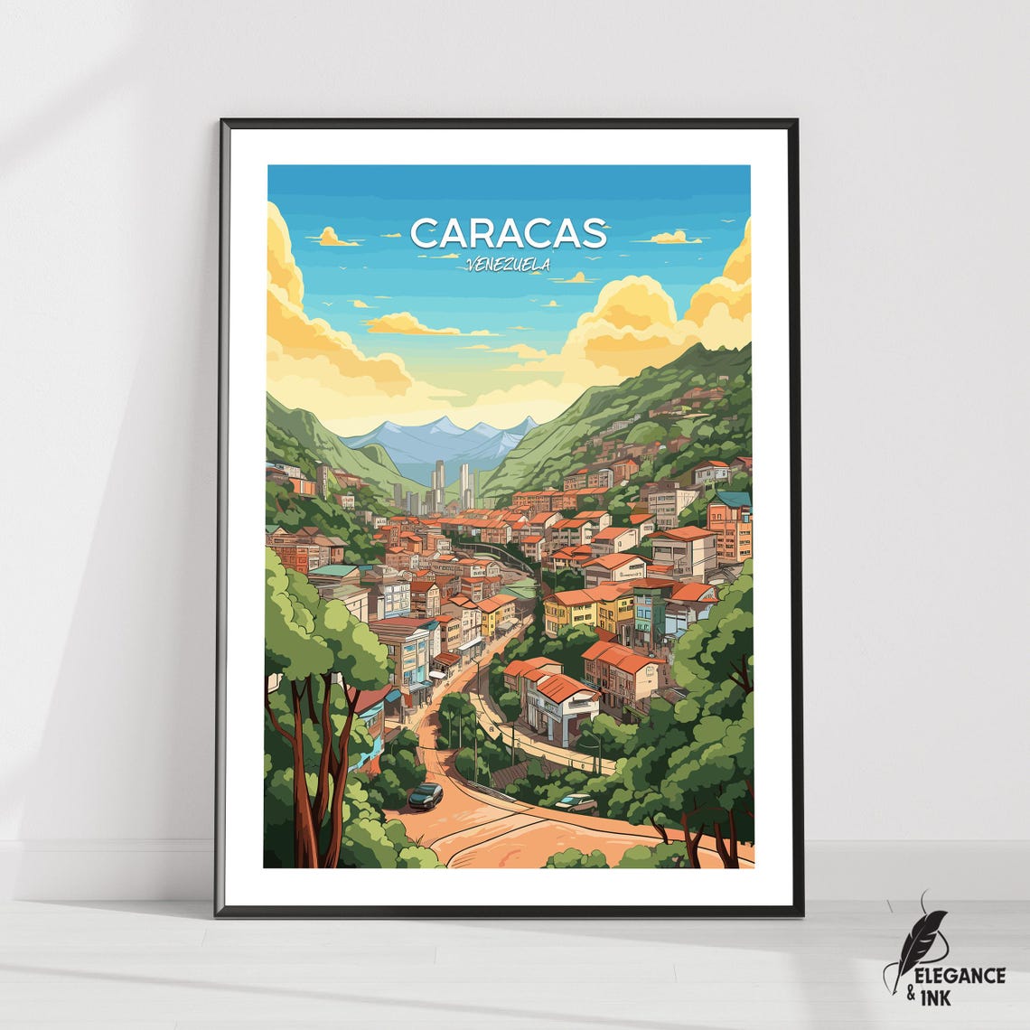 Caracas Venezuela Mountain Valley City Travel Illustration Poster