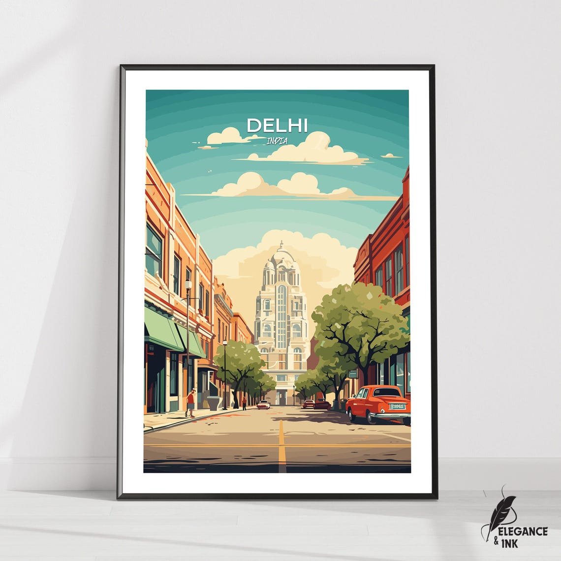 Delhi India Retro Street Scene White Top Caption Vintage Poster