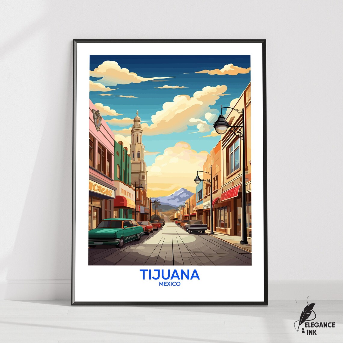 Tijuana Mexico Vintage Street Cars Cathedral Daylight Travel Poster