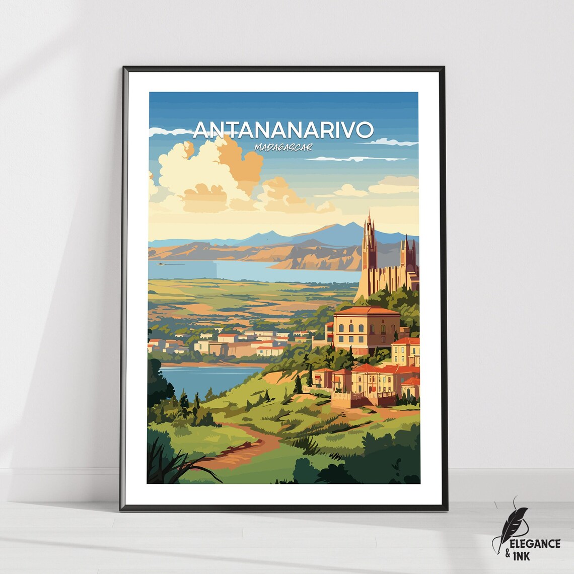 Antananarivo Madagascar Hills Lakes Retro Travel Illustration Poster