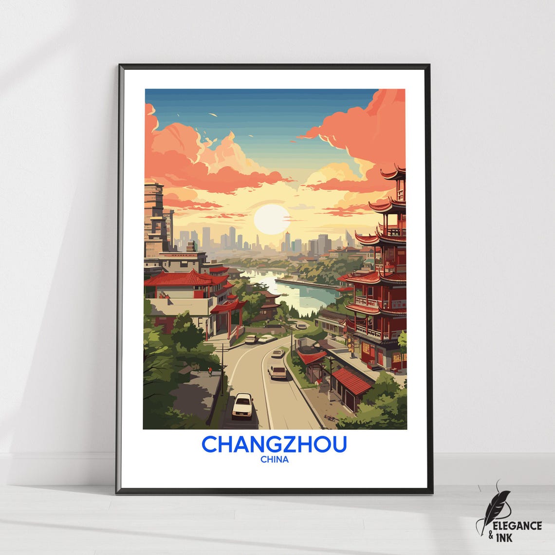 Changzhou China Sunset Pagoda Travel Poster with River and Old Streets