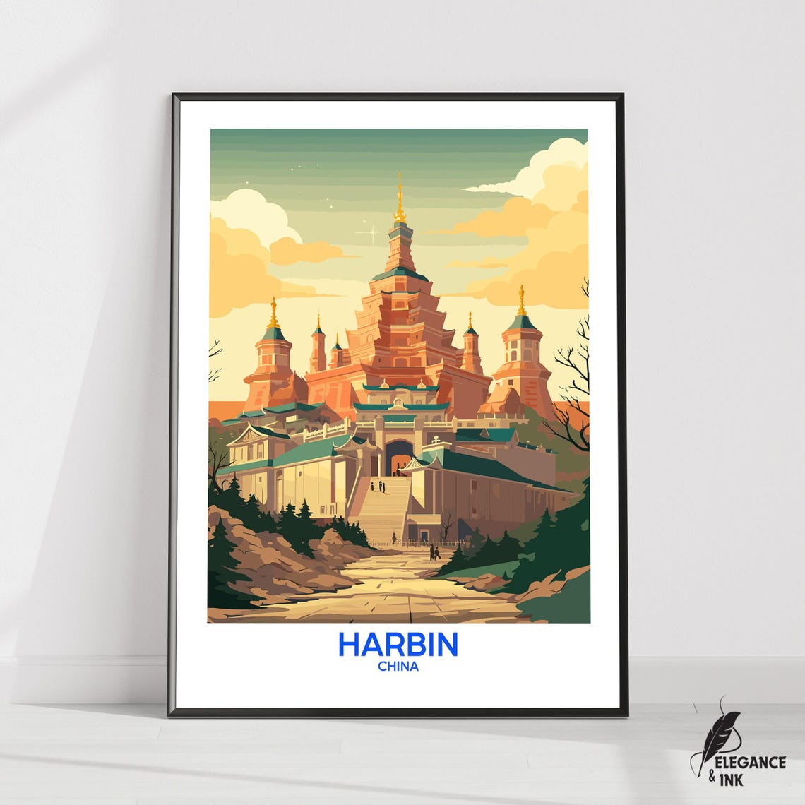 Harbin China Golden Pagoda Temple Footer Caption Travel Poster