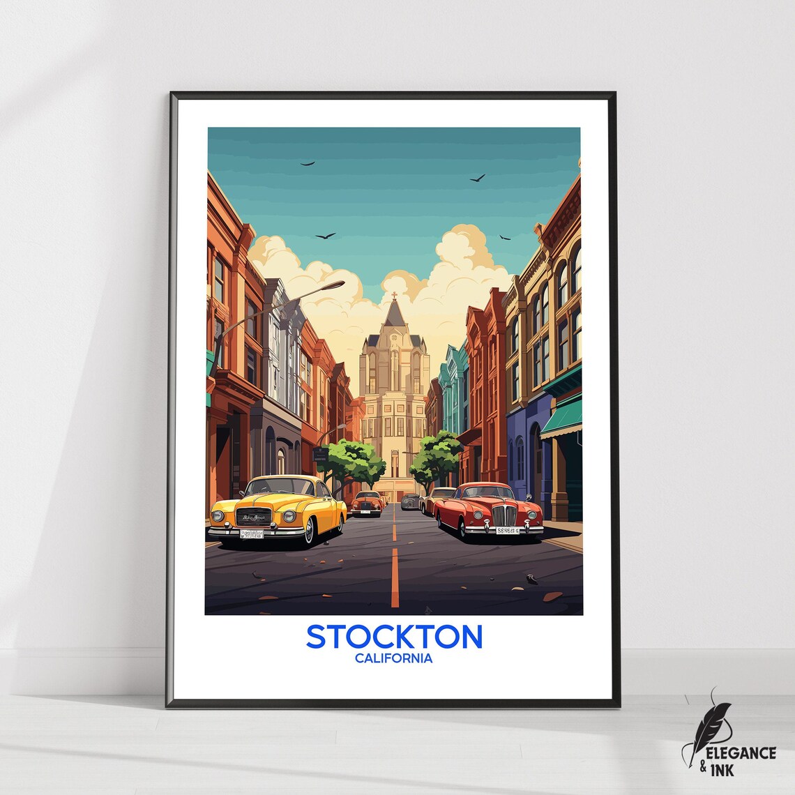 Stockton California Vintage Cars Downtown Illustrated Travel Poster
