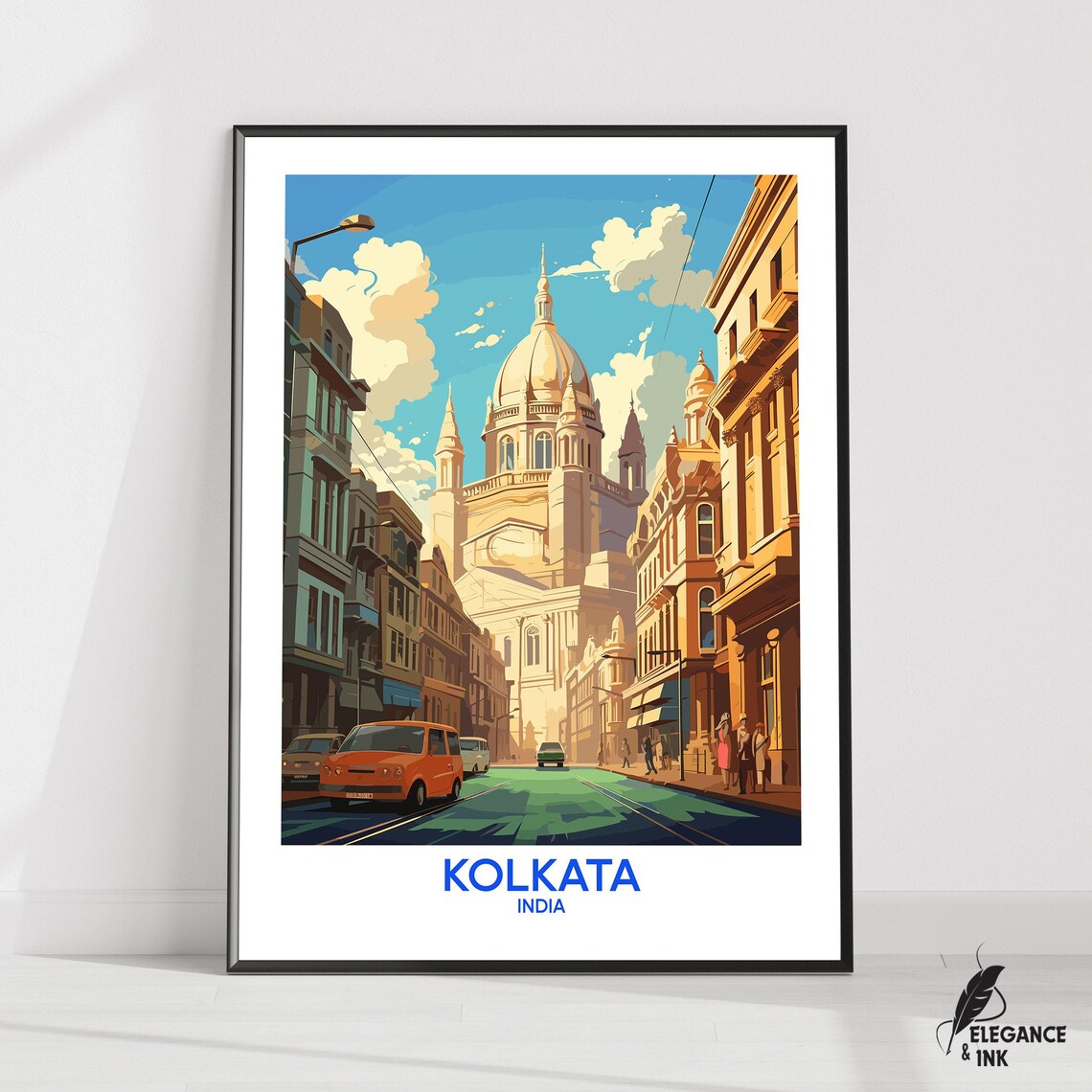 Kolkata India Street Scene Retro Travel Illustration Art Poster