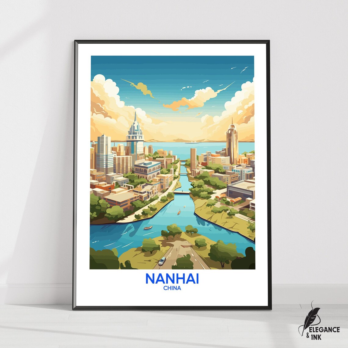 Nanhai China River City Skyline Vintage Canal Scene Travel Poster