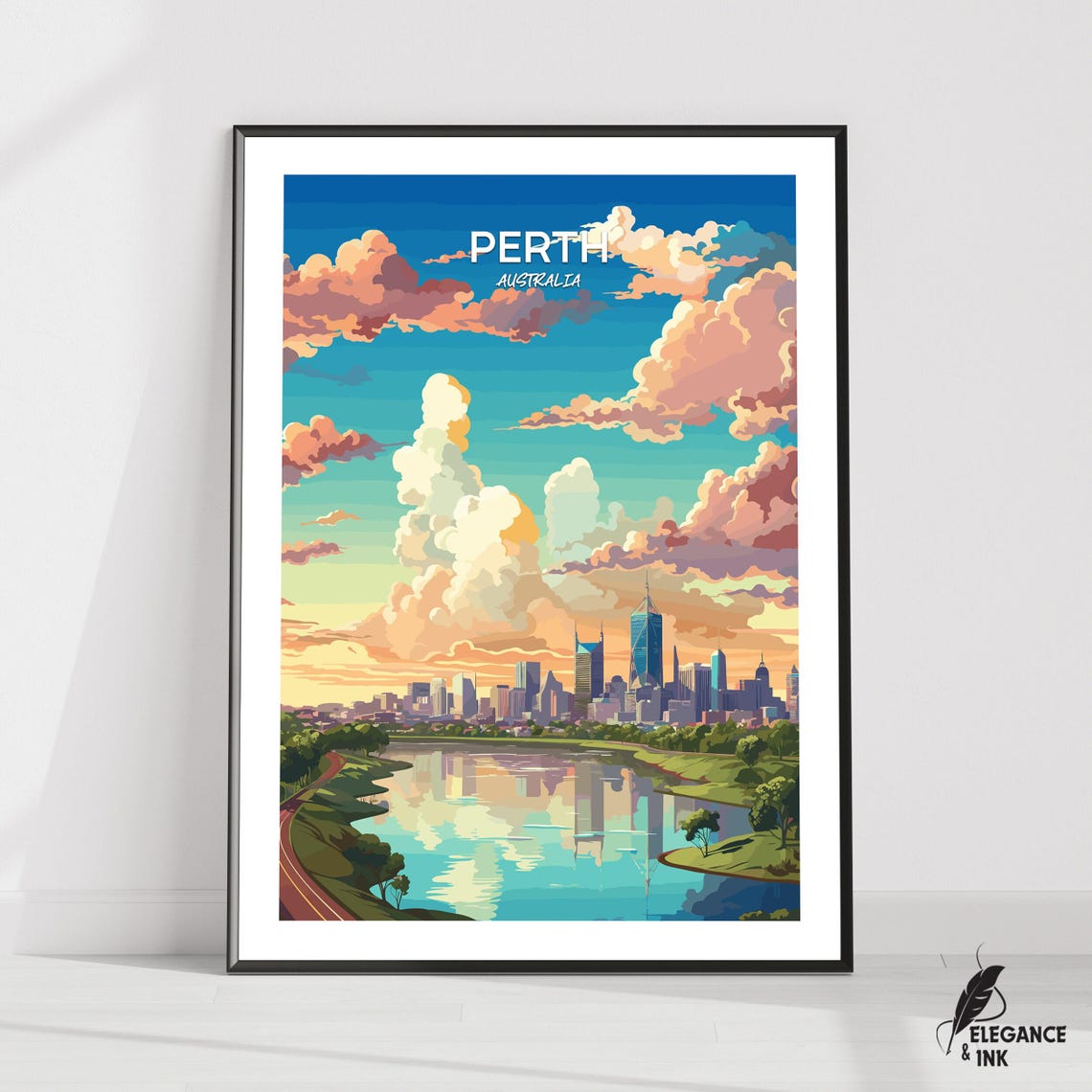 Perth Australia Skyline River Sunset Vintage Illustrated Travel Poster