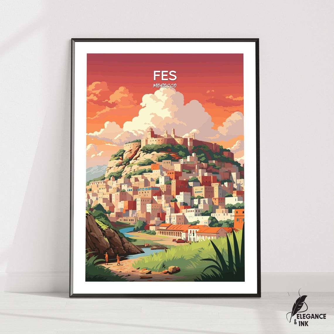 Fes Morocco Hilltop Medina Fortress at Sunset Vintage Travel Poster