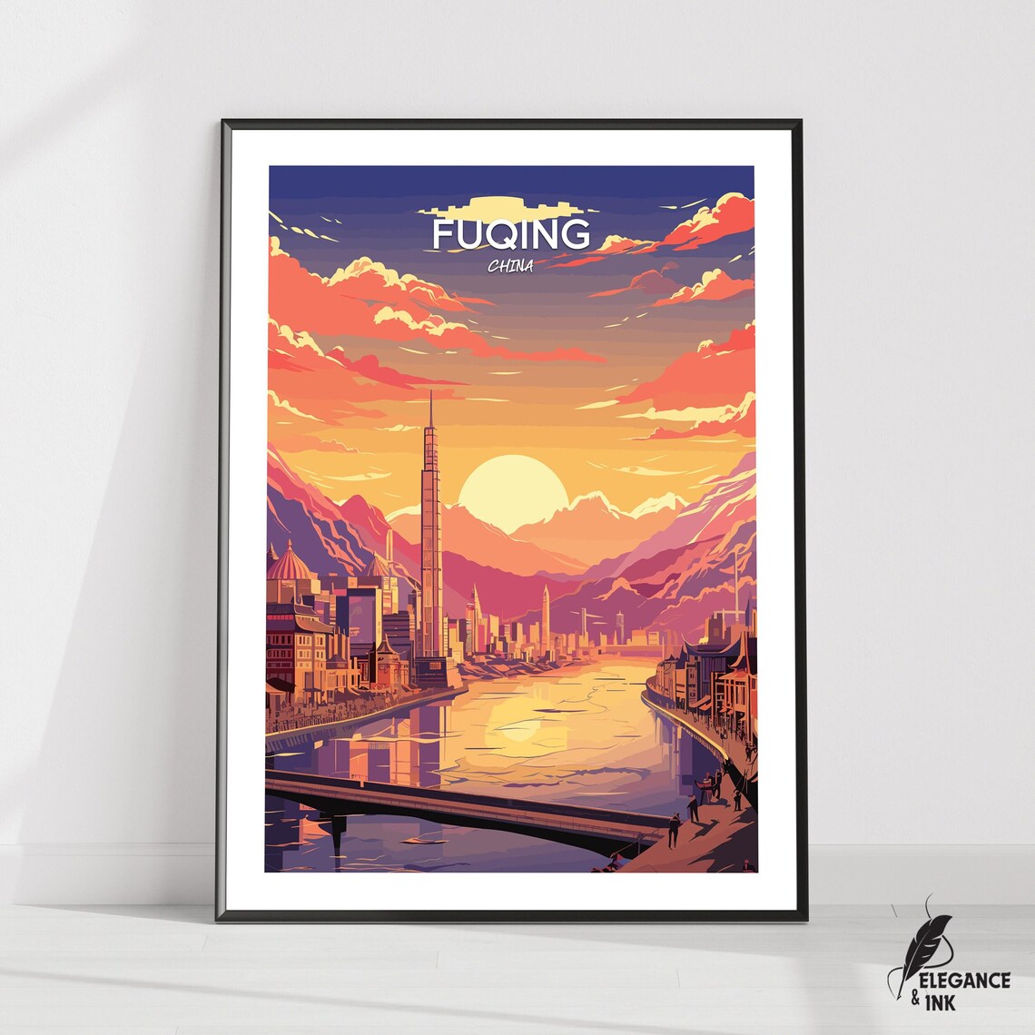 Fuqing China Sunset Cityscape Top Title Vintage Travel Poster