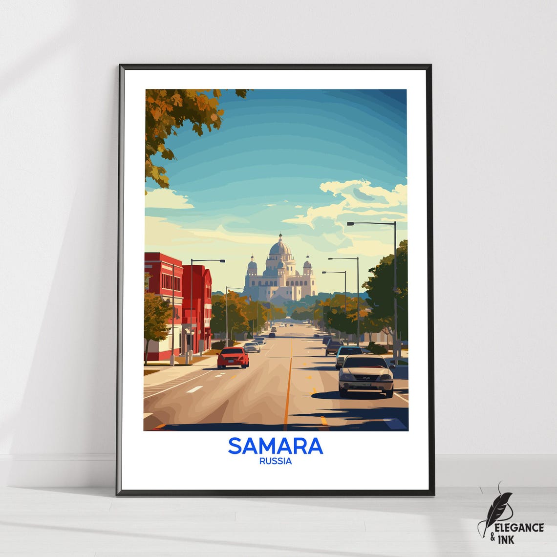 Samara Russia Domed Cathedral Street Scene Retro Travel Poster