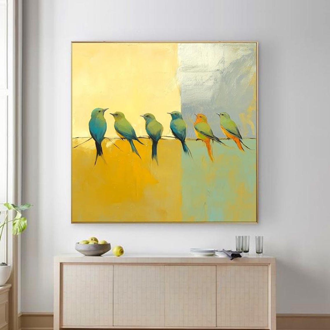 Seven Colorful Birds Perched on a Wire Over Gold Blocks Poster - Image 6