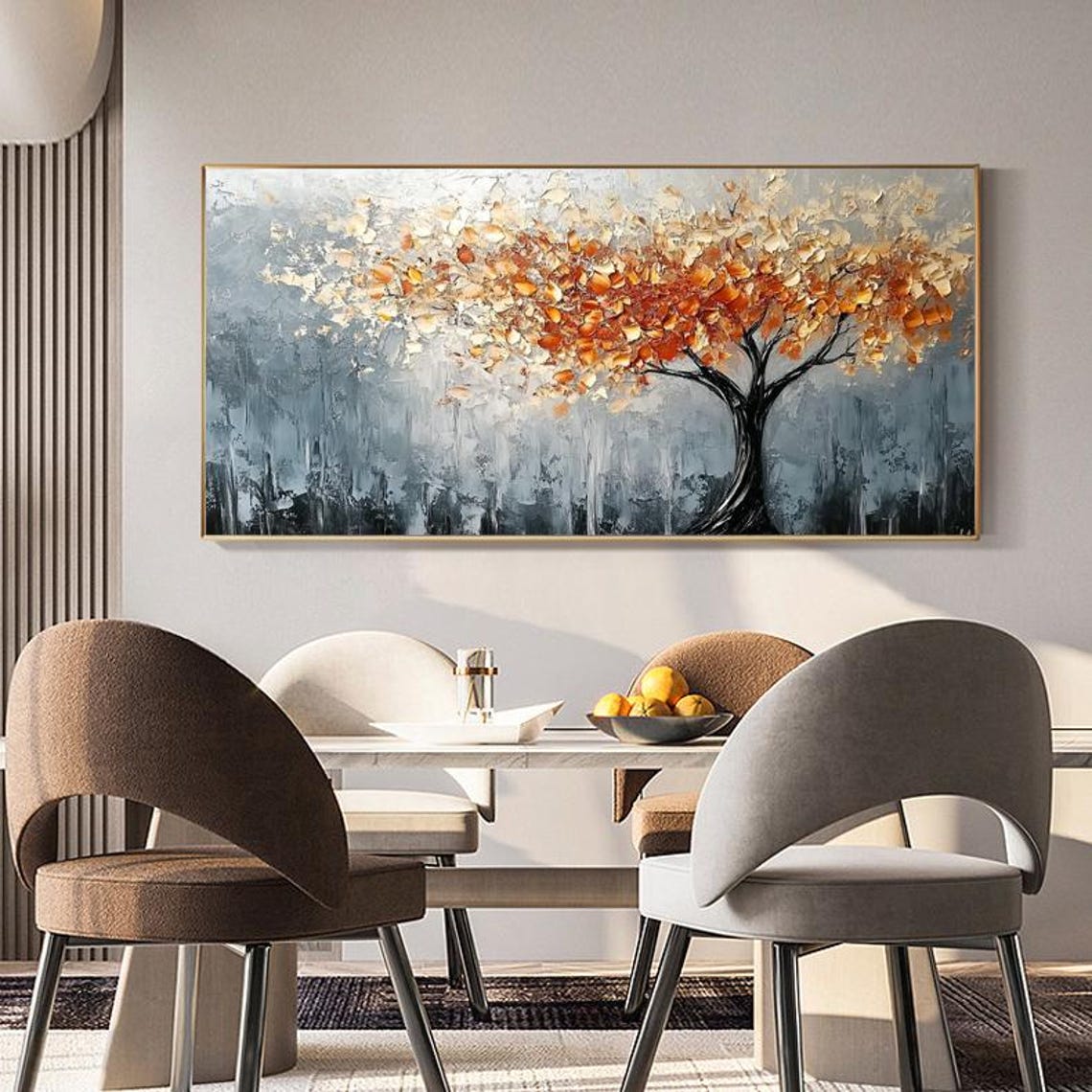 Autumn Tree Of Life Orange Leaves On Grey Forest Painting Poster - Image 4