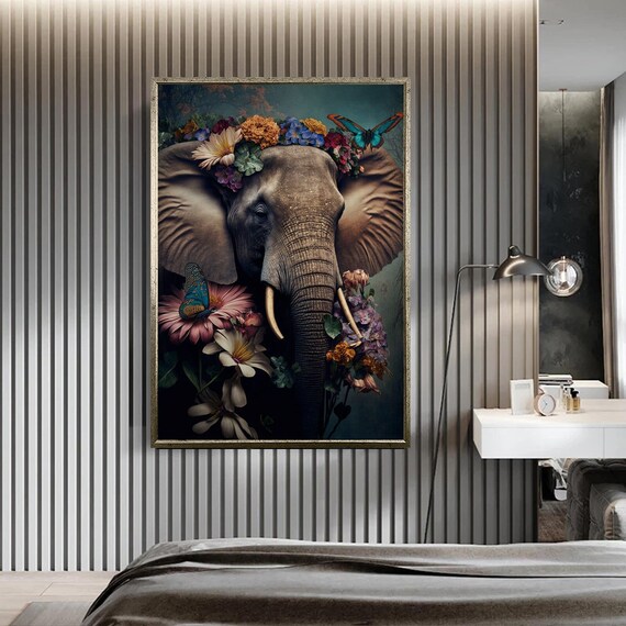 Elephant with Floral Crown Butterflies Dark Teal Portrait Animal Poster