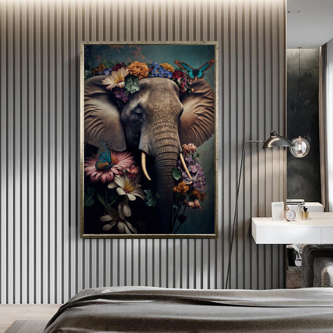 Elephant with Floral Crown Butterflies Dark Teal Portrait Animal Poster