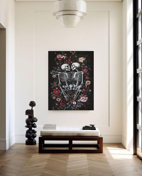 Skeleton Couple Embrace Flowers Dark Romantic Gothic Wall Art Poster