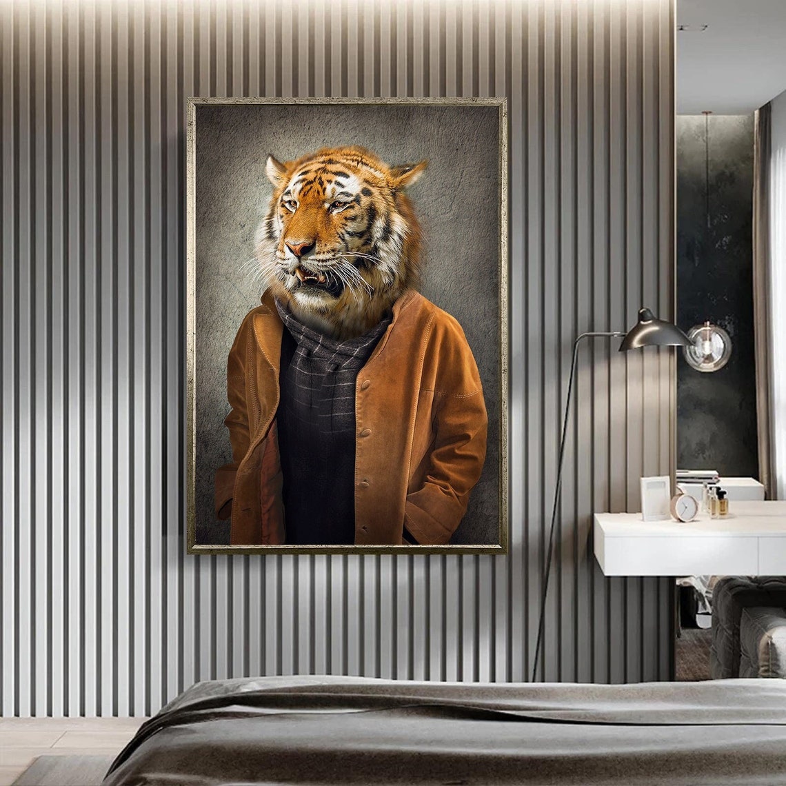 Tiger Wearing A Brown Jacket Portrait Funny Animal Wall Art Poster