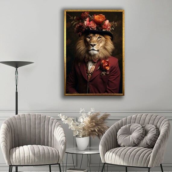 Lion In Suit Floral Hat Dapper Gentleman Animal Portrait Art Poster