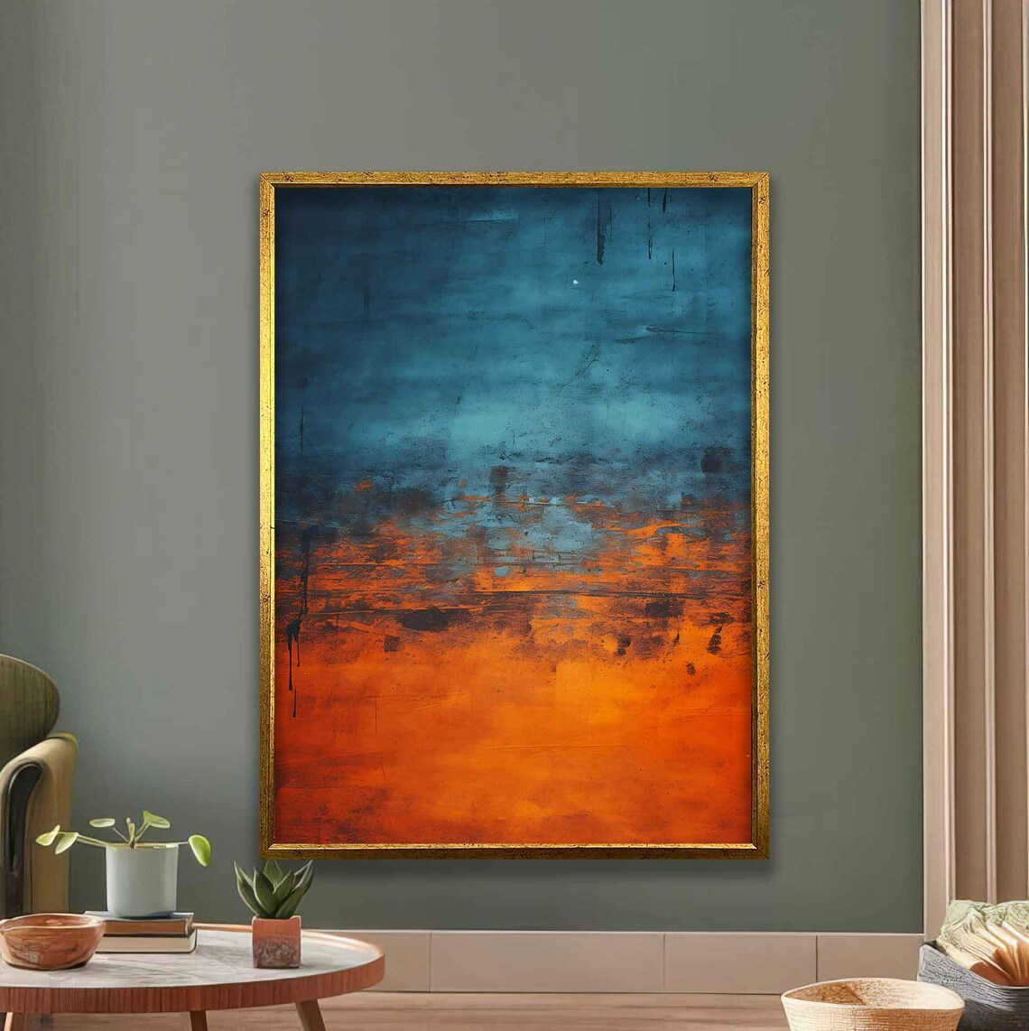 Abstract Blue Orange Textured Painting Modern Color Block Poster