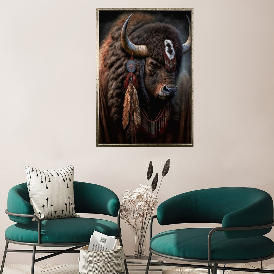 Bison Portrait Feather Adornments Rustic Wildlife Native Style Print