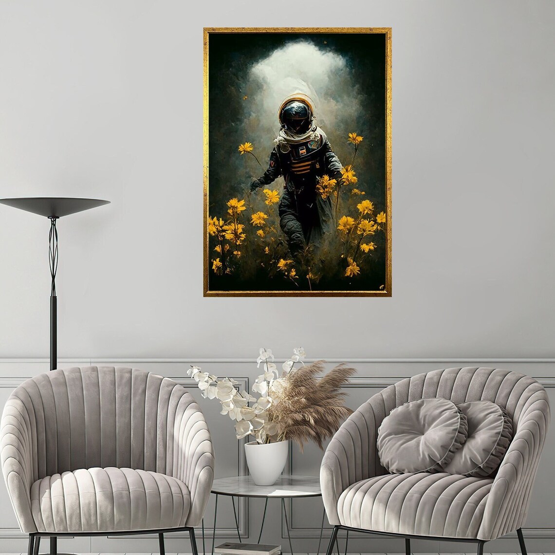 Astronaut Walking Yellow Wildflowers Dark Surreal Cosmic Dream Art Poster