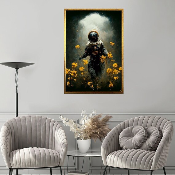 Astronaut Walking Yellow Wildflowers Dark Surreal Cosmic Dream Art Poster