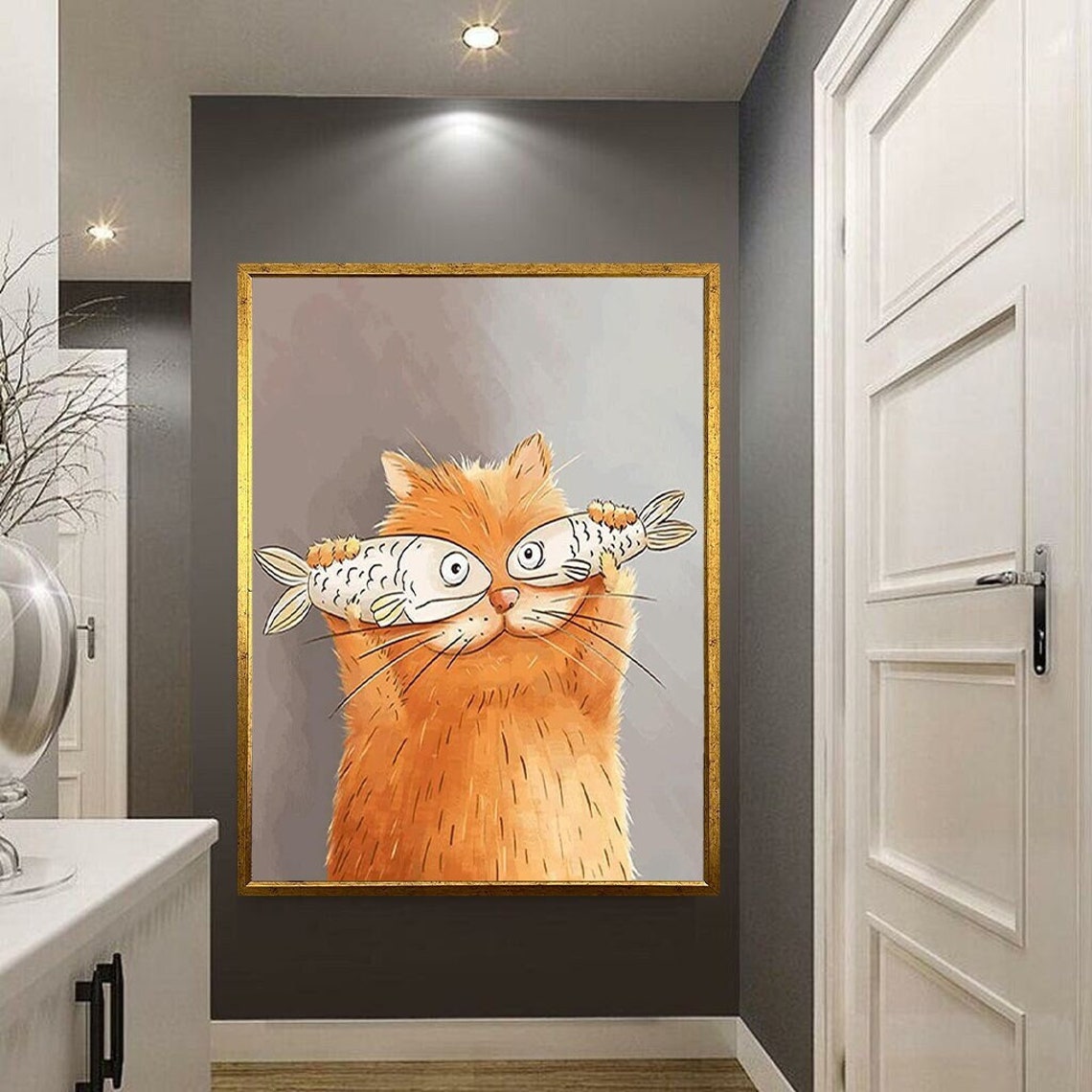 Orange Cat Holding Fish Cartoon Funny Kitty Pet Illustration Poster
