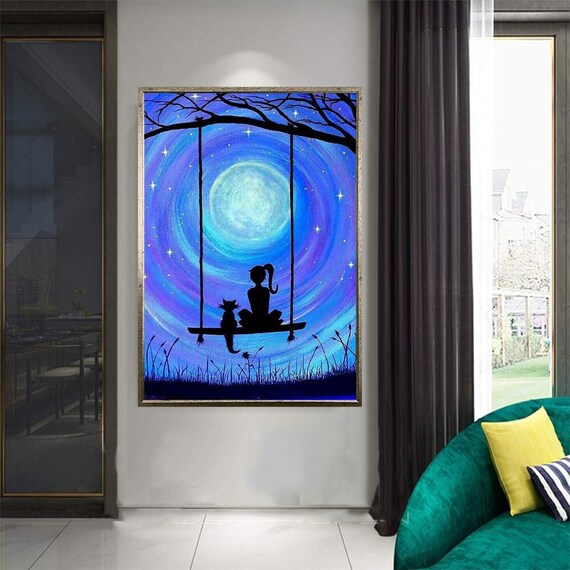 Girl And Cat On A Swing Under A Full Moon Starry Night Wall Art Poster