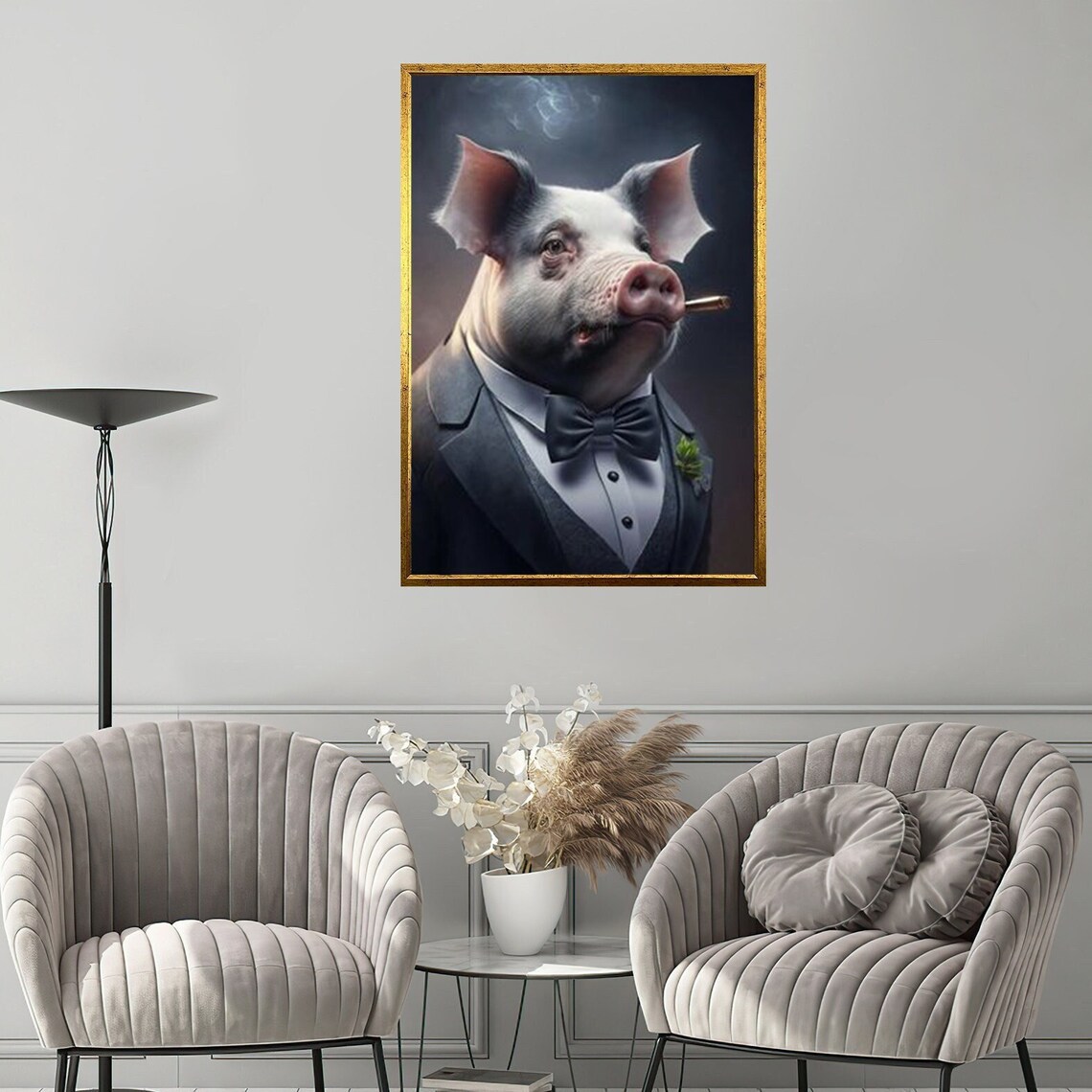 Pig In Tuxedo With Bow Tie Smoking Cigar Funny Animal Wall Art Poster