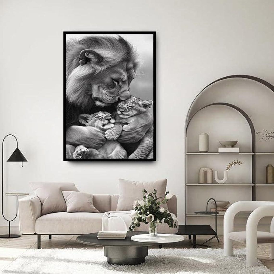 Lion And Cubs Tender Embrace Black And White Wildlife Wall Art Poster