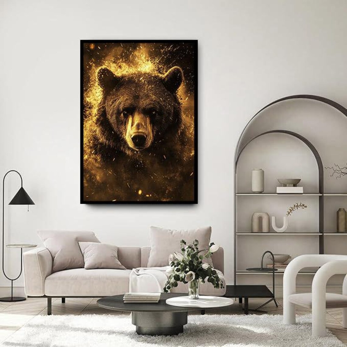 Fierce Grizzly Bear Portrait Golden Splash Dramatic Wildlife Art Poster