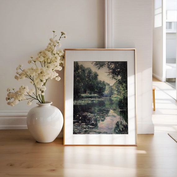 Claude Monet Inspired Pond Painting Giverny Pond Print Riverbank Nature Print Farmhouse Decor Lily Pond Art