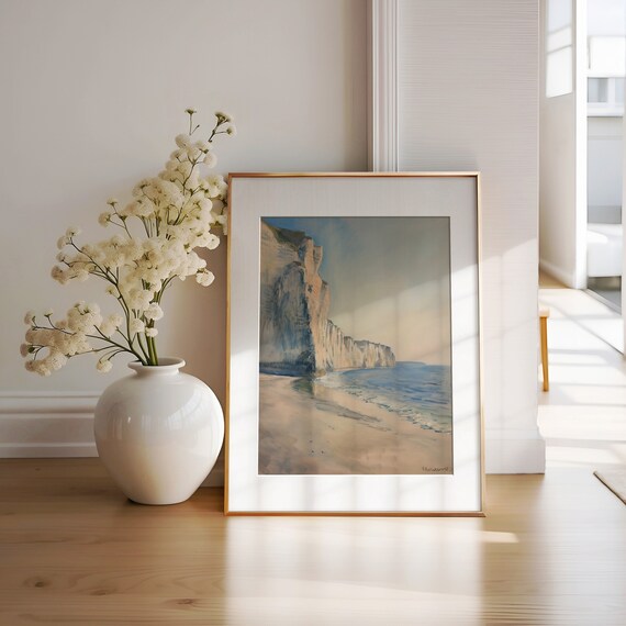 White Chalk Cliffs Sandy Beach Normandy Coastal Seascape Poster