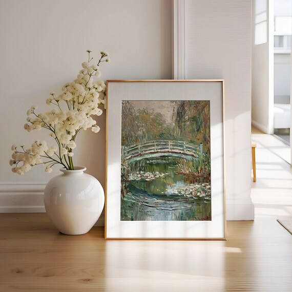Japanese Bridge Over Water Lily Pond Impressionist Garden Painting Poster