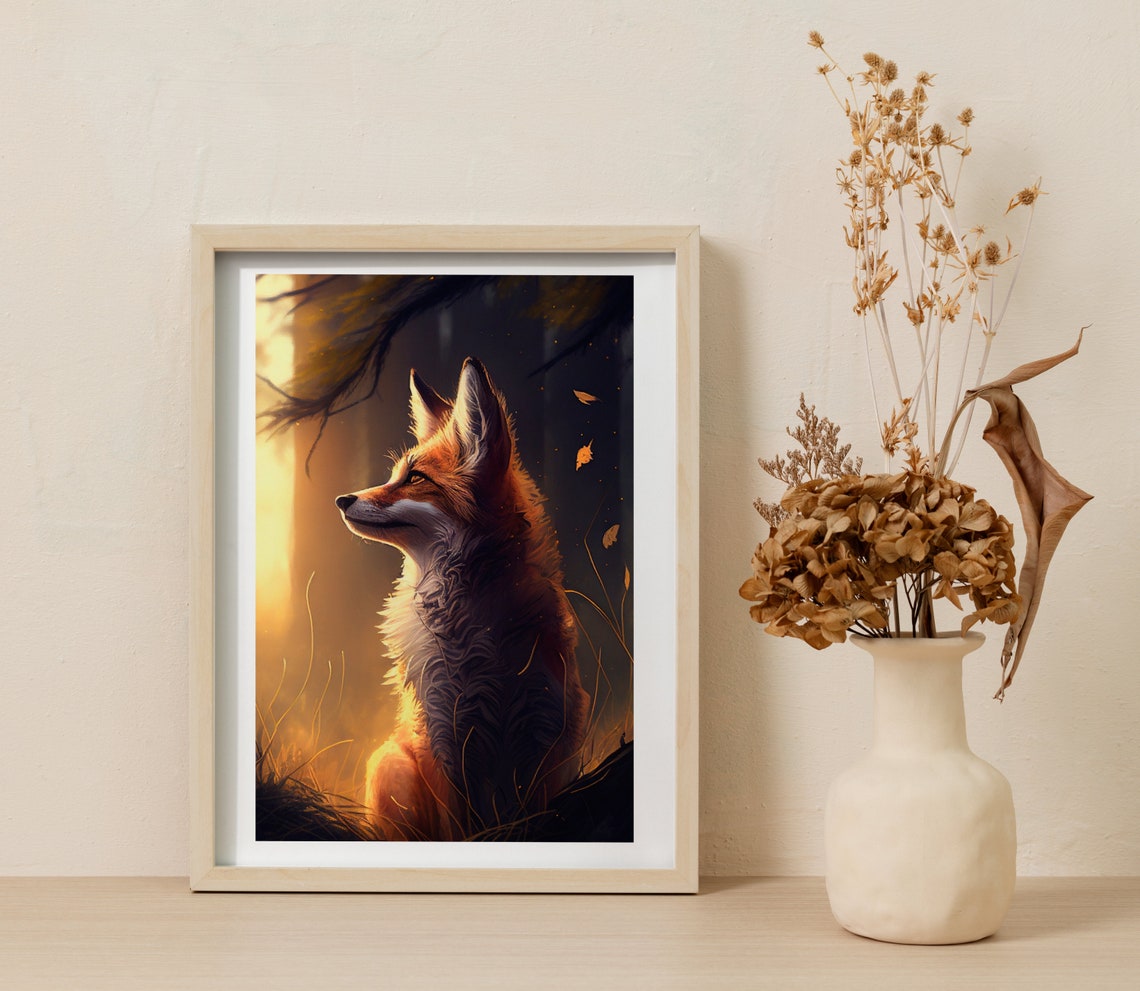 Red Fox in Dark Forest Warm Light Painterly Wildlife Art Poster