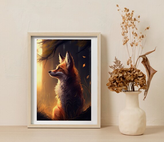 Red Fox in Dark Forest Warm Light Painterly Wildlife Art Poster