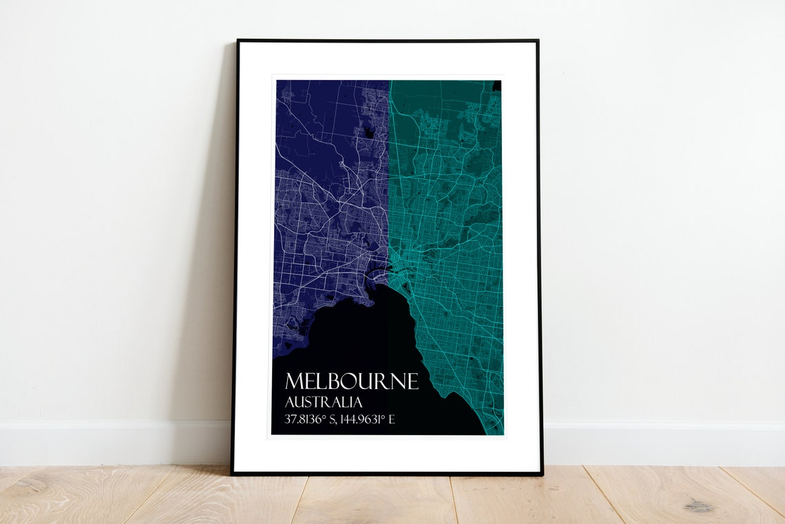 Melbourne Australia City Map Navy Teal Split Style Map Art Poster