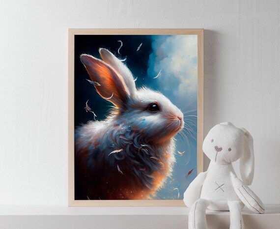 White Rabbit in Dramatic Blue Painterly Fantasy Wildlife Art Poster