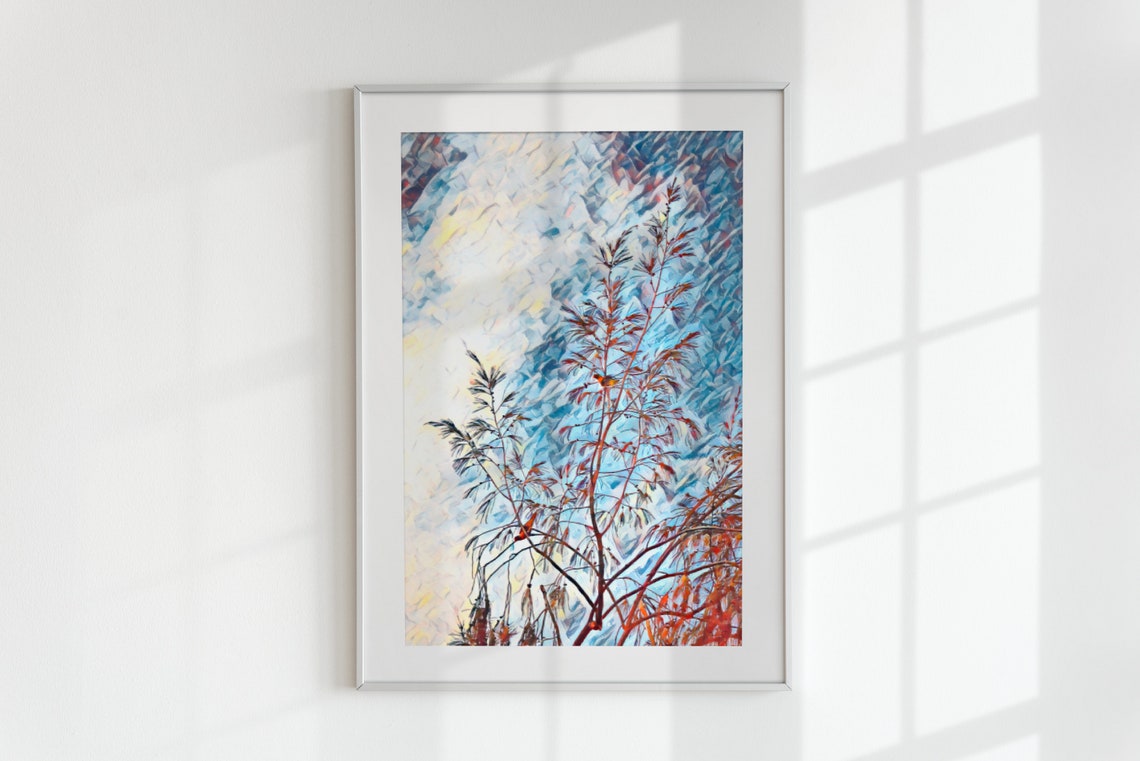 Small Bird in Red Leaf Tree Impressionist Wedding Card Art Poster - Image 3
