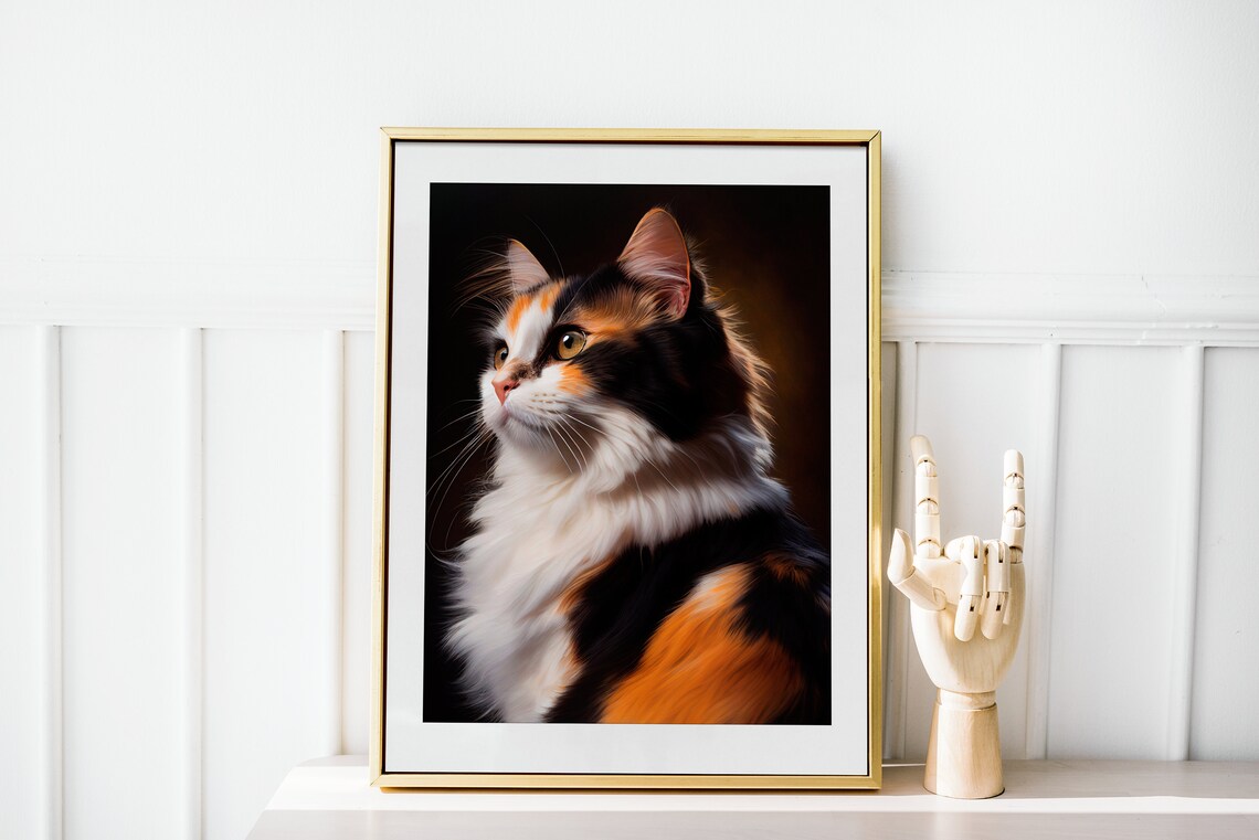 Long-Haired Calico Cat Portrait Elegant Feline Art Painting Poster