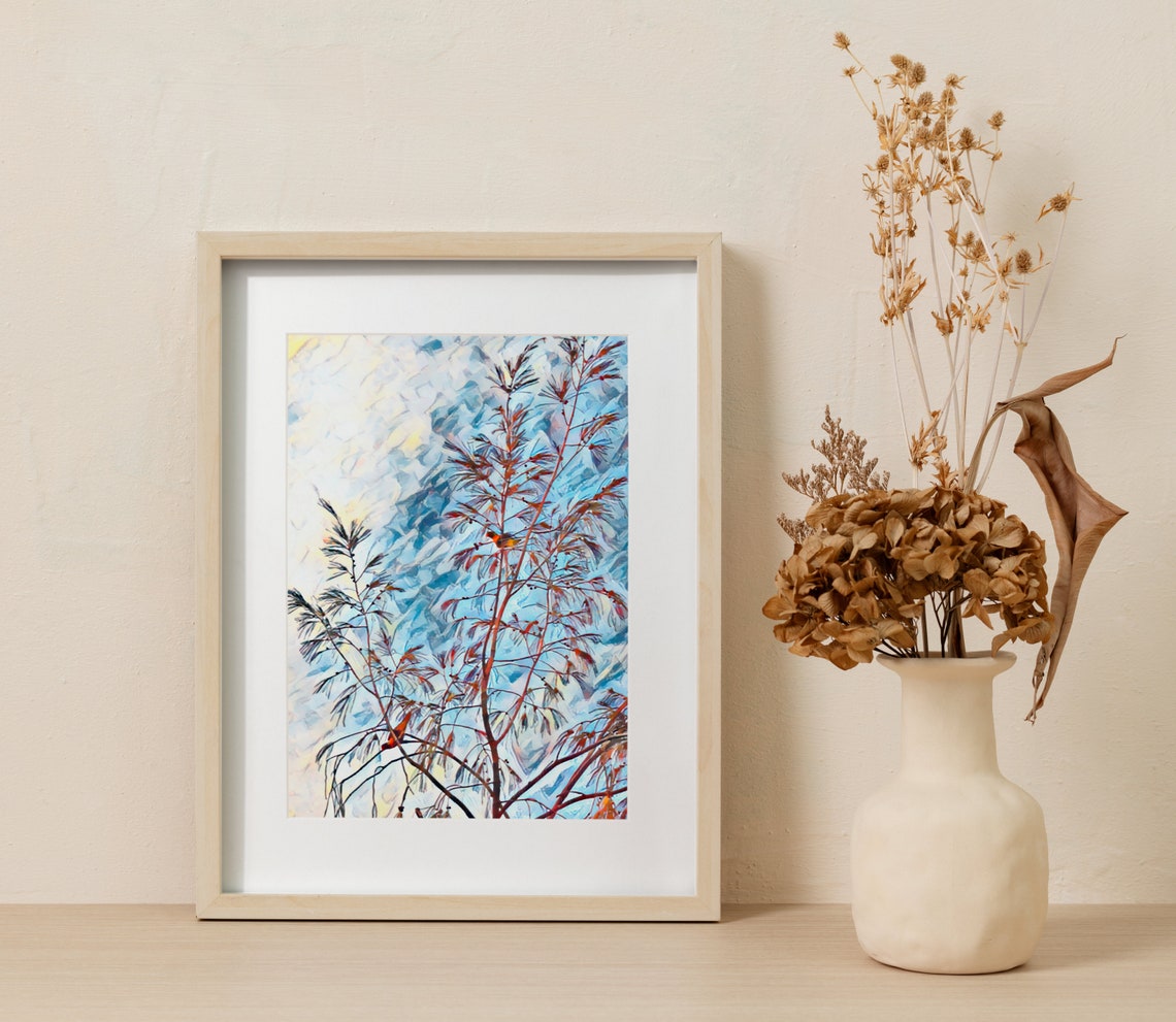 Small Bird in Red Leaf Tree Impressionist Wedding Card Art Poster - Image 2