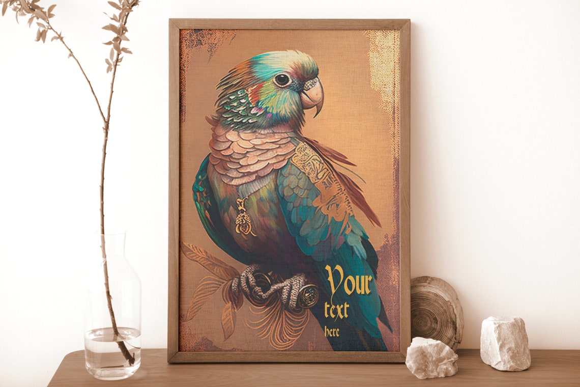 Royal Parakeet Portrait Customizable Golden Bird Painting Poster