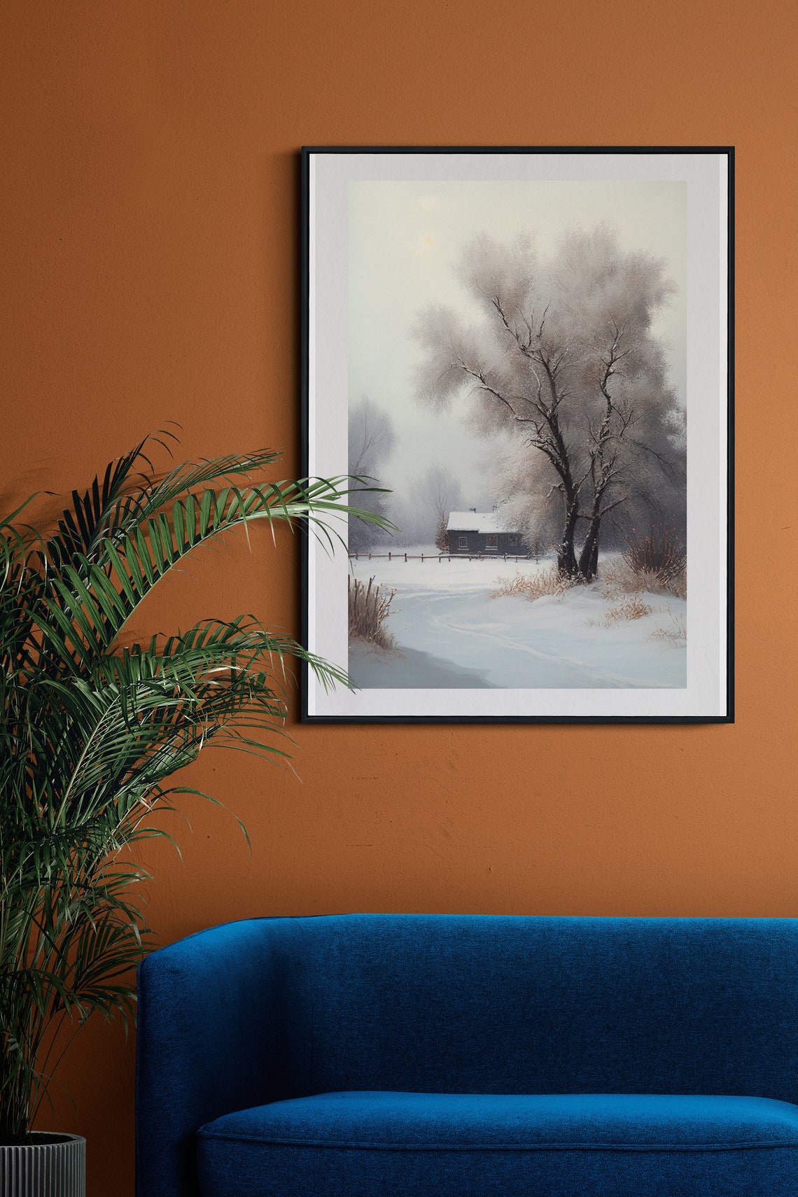Snowy Winter Cabin Frosty Trees Misty Landscape Painting Poster - Image 3