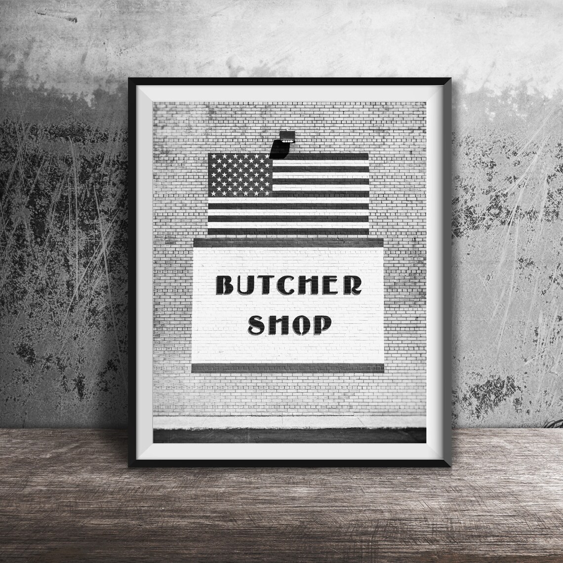 Butcher Shop Brick Wall Mural With American Flag Vintage Sign Poster - Image 2