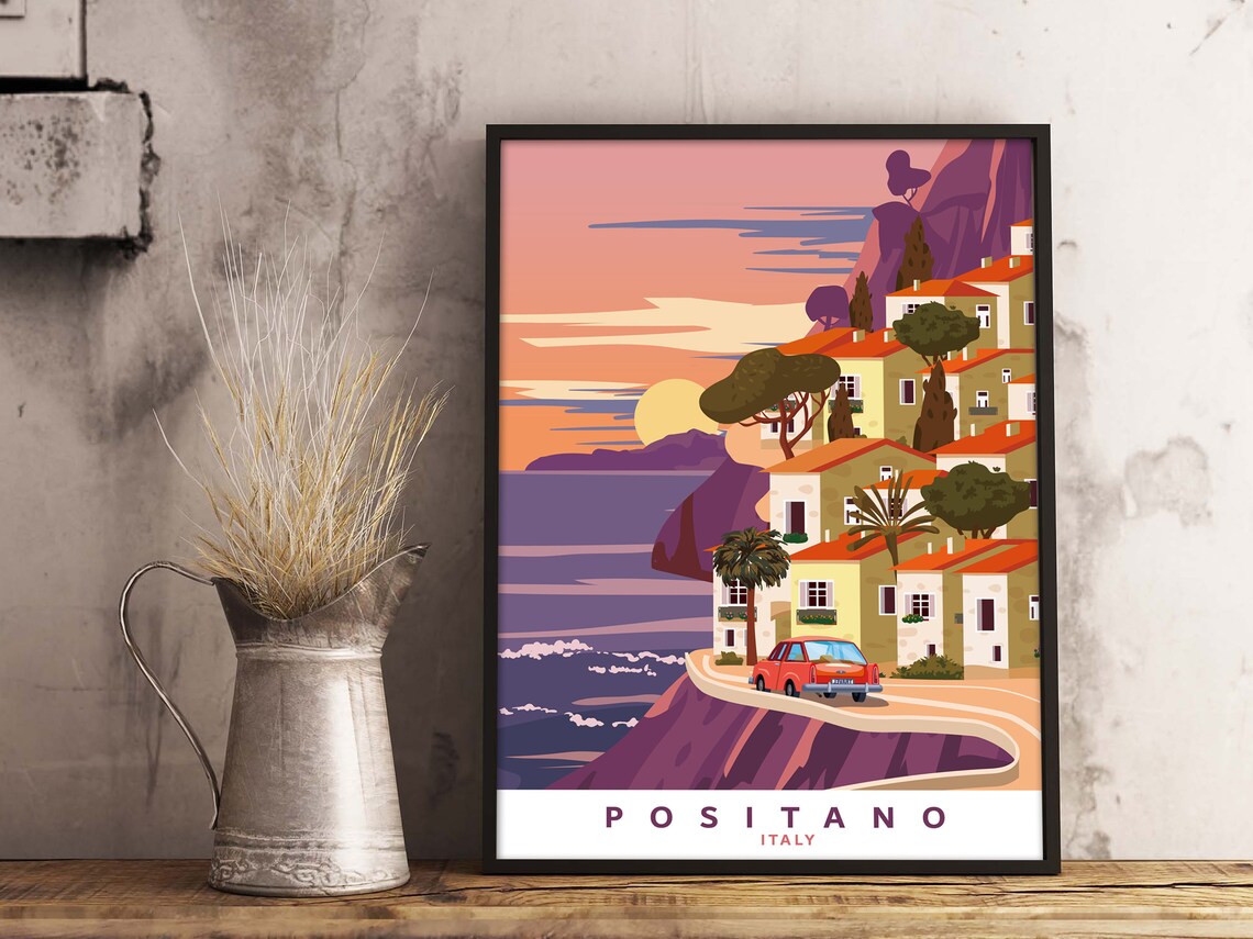 Positano Italy Sunset Coast Road Vintage Style Travel Poster - Image 2