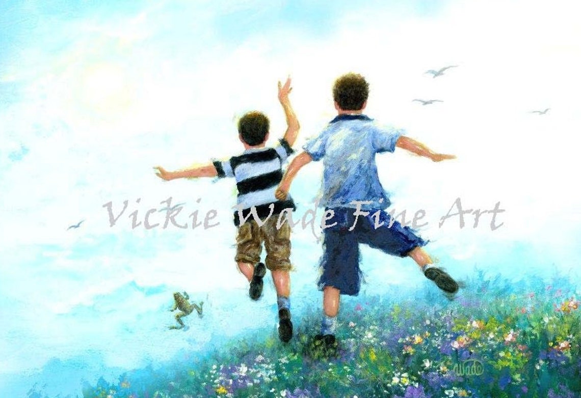 Two Young Brothers Leaping Through a Wildflower Meadow Poster