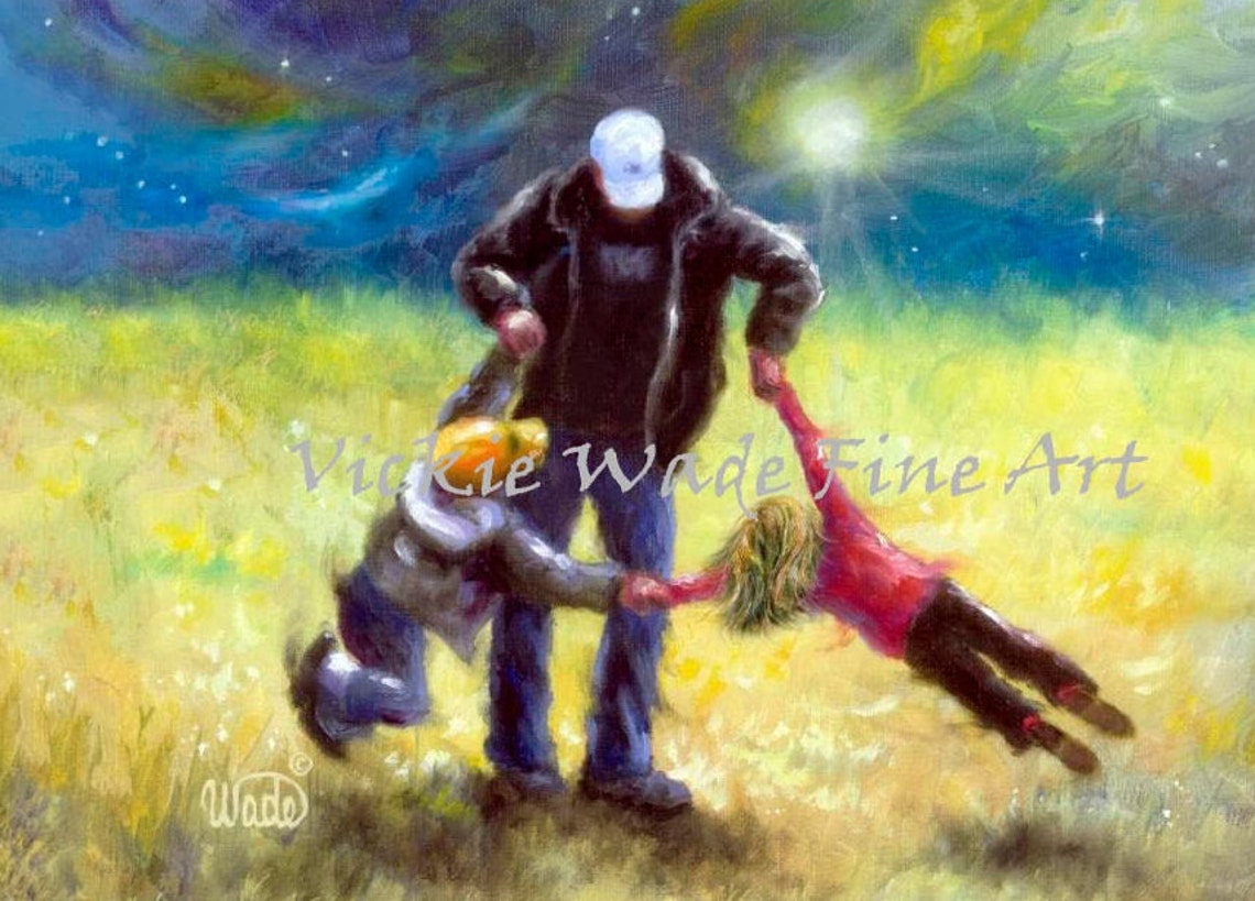 Father Spinning Two Children Around in a Sunlit Golden Field Poster