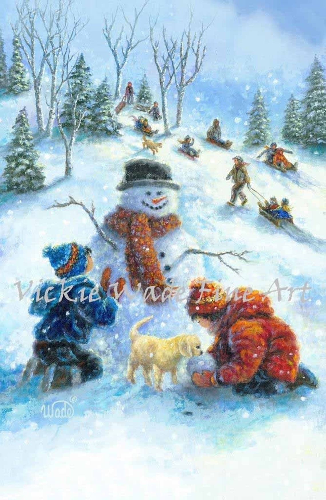 Children Playing In Snow Art Print Snowman Paintings Boy Girl Brother Sister Snowmen Kids Snow Sledding Winter Art Vickie Wade Art
