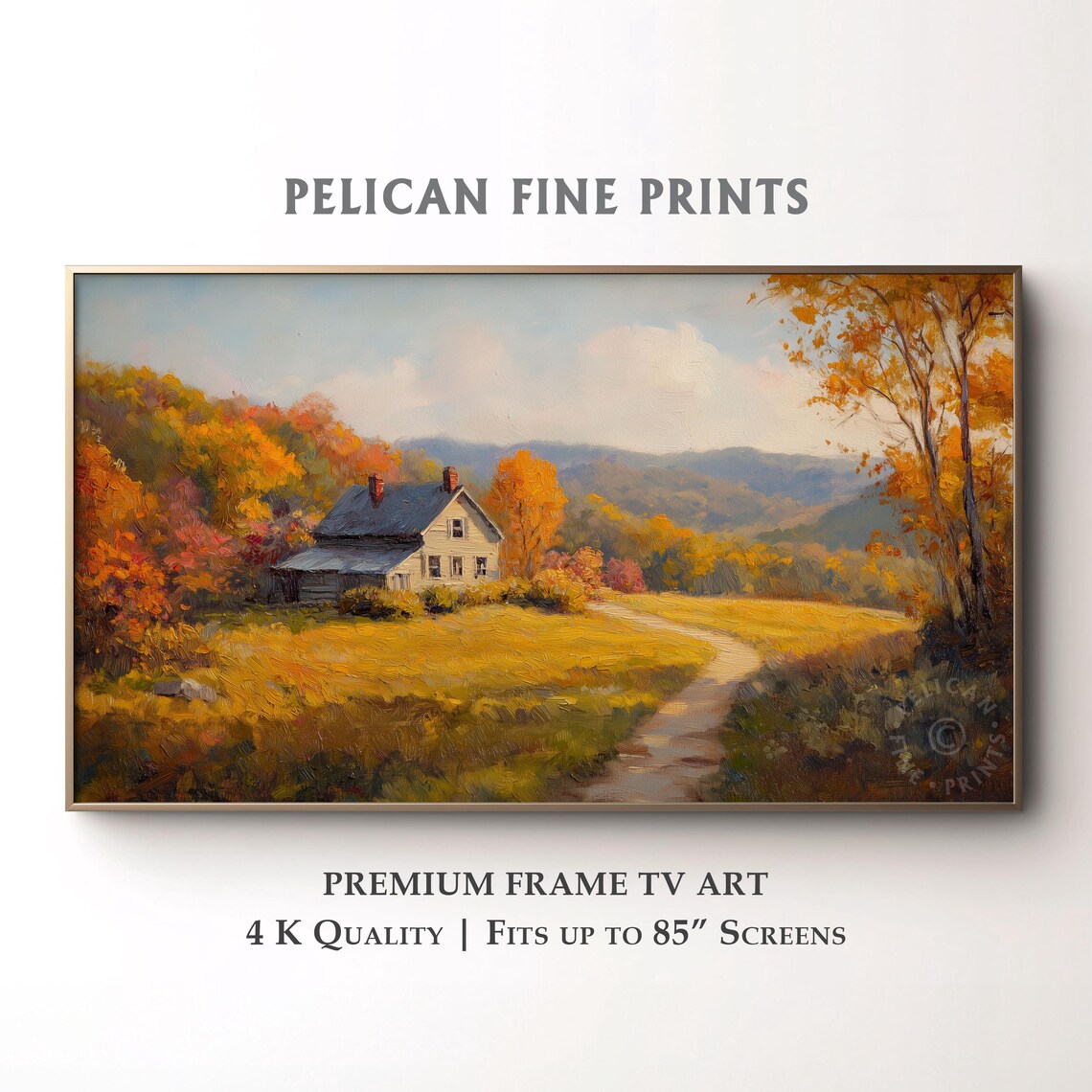 Golden Autumn Hills Farmhouse Rustic Countryside Oil Painting Poster